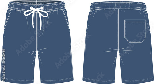 Men Blue Swimming Trunks Mockup, Front and Back View of Sporty Board Shorts, Summer Beachwear Apparel Design Template Vector Illustration