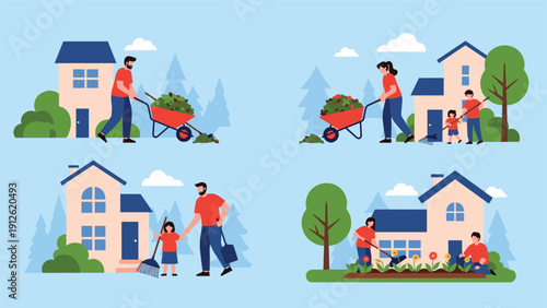 Families and couples working together to clean their gardens and plant flowers around their homes in a friendly neighborhood scene.