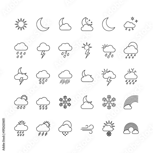 Collection of simple weather icons depicting various conditions like rain, sunshine, and clouds in a clean design, as seen in Whisk_59882223e7063e388cc4ed7325ec1513dr.eps