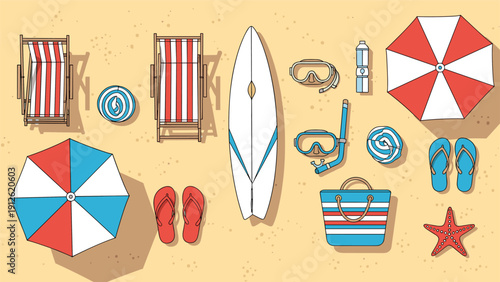 Top view of summer beach items including umbrellas, lounge chairs, a surfboard, snorkeling gear, and flip-flops on the sand.