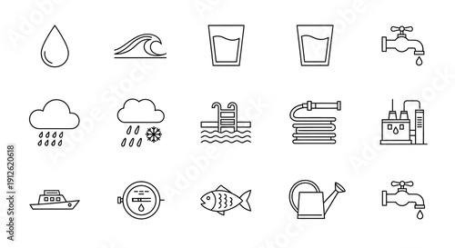 Water related icons depicting sources forms and usage silhouette
