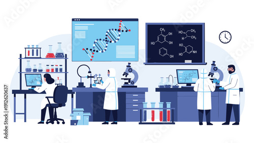 Group of professional scientists in protective gear working in a modern laboratory using microscopes for biological research projects.