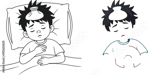 Sick little boy lying in bed with ice pack on head, fever and flu symptoms illustration for pediatric healthcare, medical