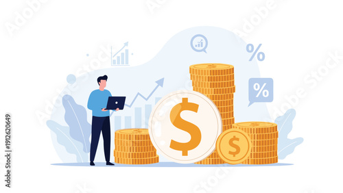 Successful businessman using a laptop and standing next to large stacks of gold coins and a dollar sign for financial management.