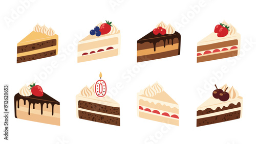 Delicious slices of various cakes including chocolate, strawberry, and blueberry decorated with cream and fruit toppings.