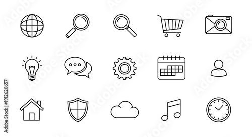 Collection of business and technology icons in a minimalist silhouette