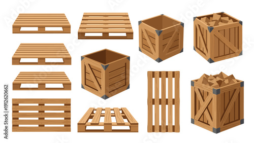 Collection of industrial wooden pallets and cargo crates for shipping and storage isolated on a white background.