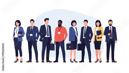 Diverse group of professional business people standing together in formal attire representing team unity and corporate success.