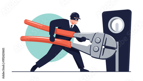 Burglar wearing a mask and helmet using massive bolt cutters to break into a secure lock for a robbery or heist.