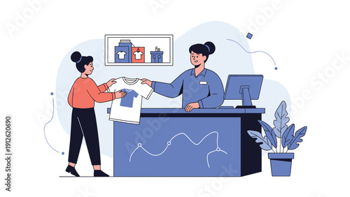 Female customer purchasing a t-shirt from a sales assistant at a retail clothing store checkout counter in a modern shop.