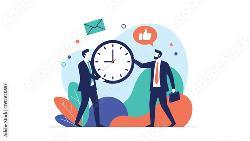 Two business professionals holding a large clock face representing time management, punctuality, and deadlines in the workplace.