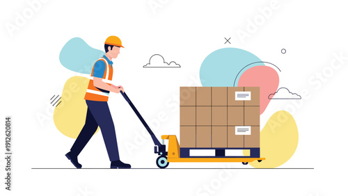 Worker in a safety vest moving a pallet loaded with brown cardboard boxes using a manual hydraulic pallet jack.