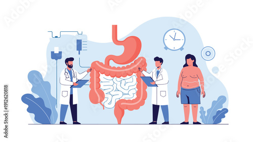 Two medical doctors in white coats explaining human digestive system health to a patient in a modern clinical setting.