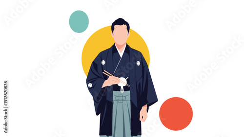 Man dressed in a formal dark blue japanese kimono and hakama holding chopsticks against an abstract circular background.