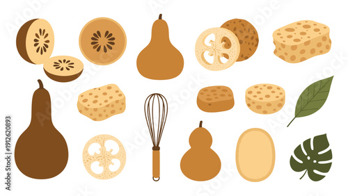 Collection of natural and eco-friendly household items including loofah sponges, wooden whisks, and botanical elements.