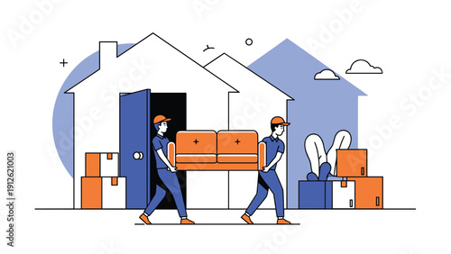 Professional movers in uniform carrying a large orange sofa out of a house during a relocation or moving process.