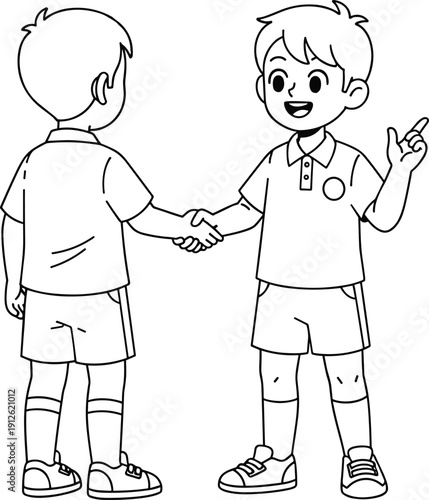 Two schoolboys shaking hands illustration, polite children greeting each other, black and white line art for kids friendship and social skills