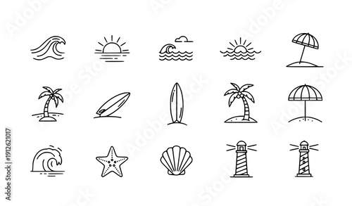 Ocean Sea Surf Beach Line Icon Set Vector