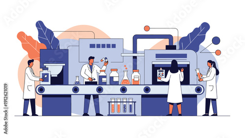 Medical researchers and laboratory workers operating a pharmaceutical production line for the manufacturing of medicine.