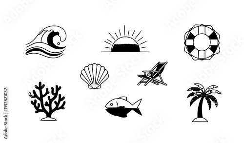 Marine Sunset Beach Wave Line Icons Vector Set