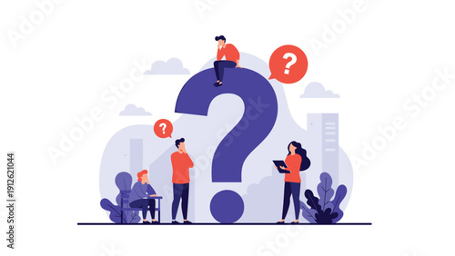 Group of individuals contemplating around a large question mark representing problem solving, curiosity, and research.