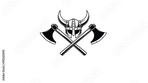 Black and white graphic emblem featuring a traditional horned viking helmet with two crossed battle axes for a warrior theme.
