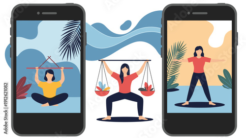 Digital fitness and wellness concept featuring women practicing yoga and exercise poses shown on smartphone screens.