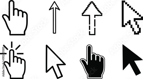 Various hand and cursor icons illustrating different pointing actions and directions in a simple line art style