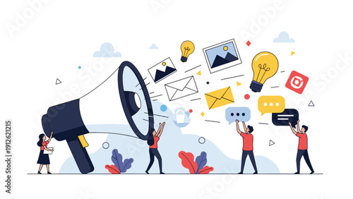 Digital marketing and communication concept featuring a giant megaphone spreading various content ideas and messages.
