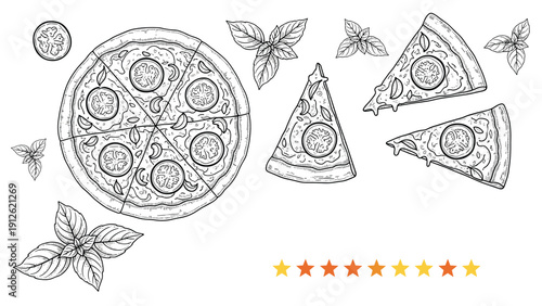 Vintage hand drawn pizza illustration set featuring whole pizza slices tomatoes and fresh basil leaves on white.