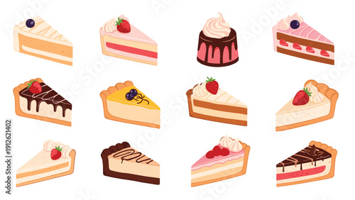 Delicious collection of various cake and pie slices with different frostings fruits and toppings for dessert.