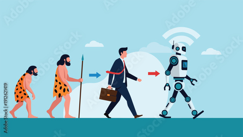Evolution of man from primitive caveman to modern businessman and finally into an advanced artificial intelligence robot character.
