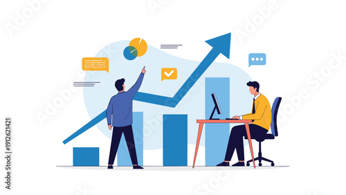 Business team monitoring a rising blue arrow on a bar graph to track company growth and financial performance in a modern office.