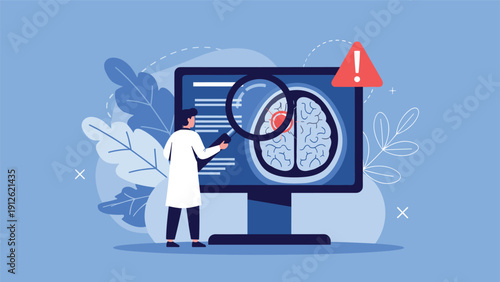 Medical professional using a magnifying glass to examine a brain scan on a digital monitor for diagnosing health issues and diseases.