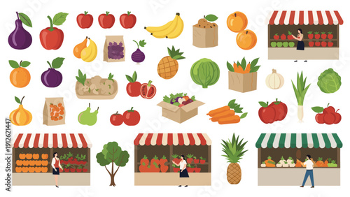 Collection of fresh fruits and vegetables alongside market stalls and people shopping for healthy organic produce at a local market.