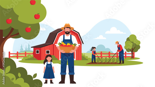 Happy farmer and his children working in an apple orchard to harvest fresh fruit on their family farm with a red barn background.