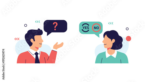 Man and woman engaged in a professional dialogue with speech bubbles containing question marks and yes or no for decision making.