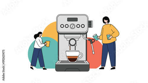 People preparing and serving fresh coffee using a professional espresso machine in a modern cafe or office breakroom environment.