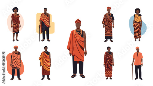 People dressed in vibrant traditional African Maasai or tribal clothing with patterned robes and necklaces representing heritage.