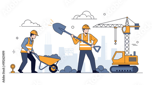 Construction workers using shovels and wheelbarrows next to a crane to build infrastructure in an urban city environment under clouds.