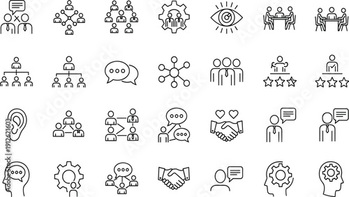 Set of team collaboration icons, business leadership symbols, corporate communication, meeting, partnership, handshake, organizational hierarchy, vision, and professional workforce collection
