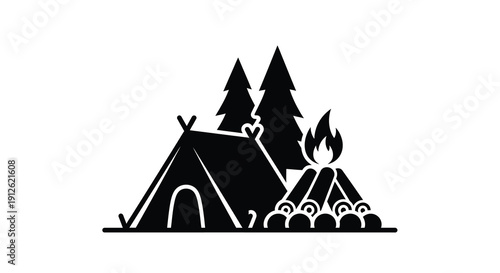 Camping scene with a tent trees and campfire a dark silhouette