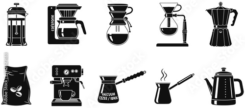Vector, black, silhouette, set, of, professional, coffee, brewing, equipment, including, espresso, machine, french, press, moka, pot, and, syphon, for, cafe, and, barista, design, elements (24 words)