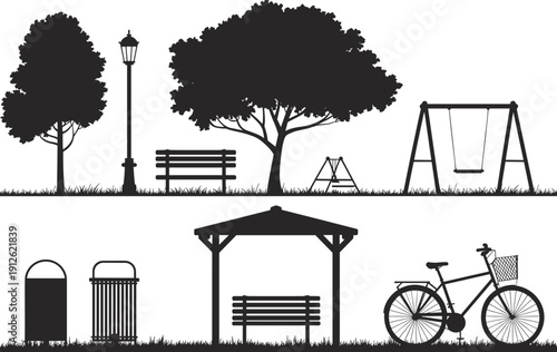 Black and white of park including trees swings benches and bicycle