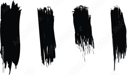 Vector illustration set of black ink splashes and people silhouettes featuring grunge paint brush stroke textures and watercolor drawing patterns