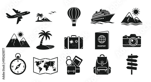 Travel icons featuring planes ships and landmarks a black silhouette
