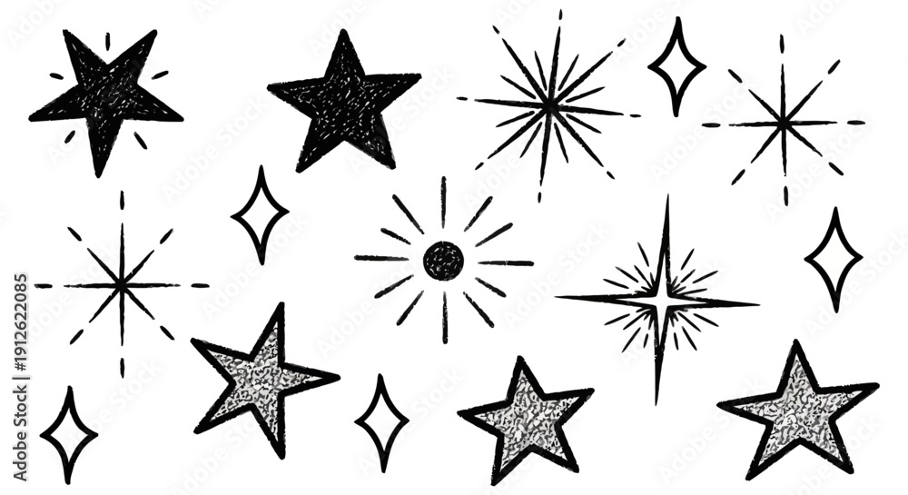 Fototapeta premium hand drawn star and sparkle doodle illustrations decorative graphic elements for whimsical magical and festive design projects.