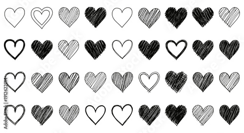 hand drawn hearts pattern black and white sketchy doodle shapes ideal for valentines day love romance and design elements