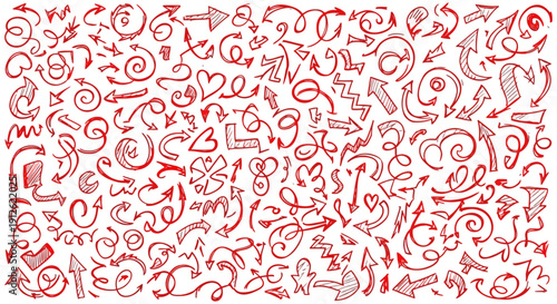 hand drawn red arrows create a dynamic seamless doodle pattern on white perfect for illustrating direction choice and creative flow.