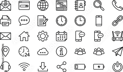 Set of universal interface icons, communication symbols, web elements, email, home, settings, global network, location, time management, and essential business tools (21 words)